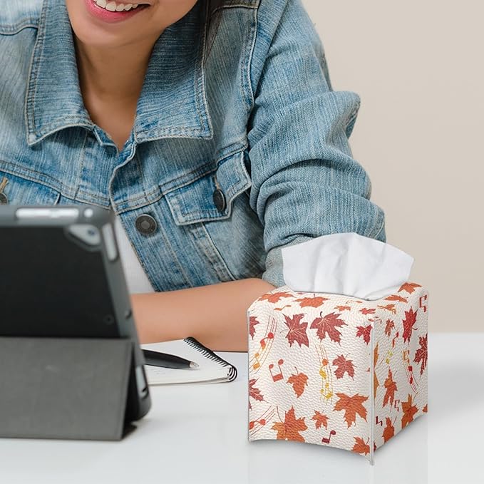 Maple Leaf Tissue Box Cover Square PU Leather Tissue Box Holder Facial Paper Boxes Case for Tabletop Night Stands Bathroom Office Thanksgiving Modern Decorative Cube Napkin Case