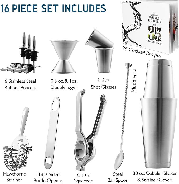 Bar Set Cocktail Shaker Set, Stainless Steel Mixology Bartender Kit, 16 Piece Cocktail Kit, Silver Cocktail Set, Bar Tools: 30oz Martini Shaker, Muddler, Bar Kit Cocktail Book, Jigger and Pourers