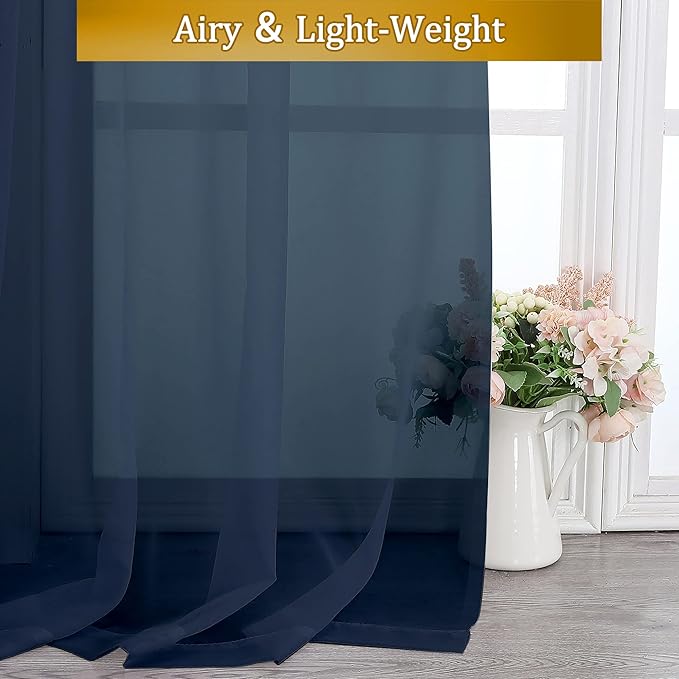 Aiyufeng Navy Blue Sheer Window Curtain Panels 54 Inch, Set of 2, Light Filtering Solid Voile Kitchen Curtains Drapes for Small Window/Kid's Room/Bathroom/Living Room/Bedroom, Rod Pocket, 40W x 54L
