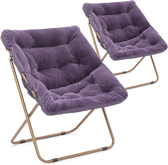 Athena Collection Saucer Chair for Adult, Square Comfy Cozy Chair Folding Chair Faux Fur Metal Frame Foldable Reading Chair Accent Chair for Bed Room Living Room Set of 2, Purple