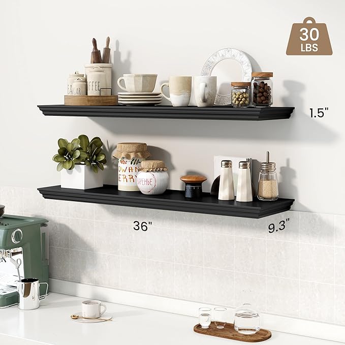 Axeman 36 Inch Floating Shelves for Wall, 9.3" Deep Crown Molding Wood Display Shelf with Heavy Duty Invisible Brackets for Living Room, Bedroom, Bathroom, Kitchen Decor & Storage, Set of 2, Black