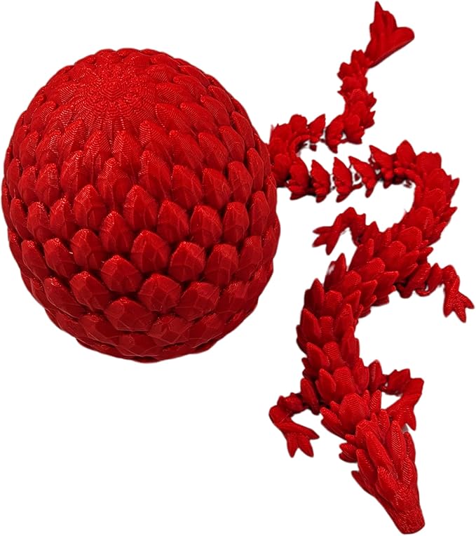 3D Printed Dragon Egg Articulating Gemstone Dragon Fidget Figurine - Vibrant Color Dragons Flexible ADHD, Autism and Anxiety Relief - Articulated Joints (Red)