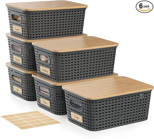 Small Storage Bins with Bamboo Lid, Plastic Storage Box with Lid, 5QT Stackable Organizing Basket with Lable, Storage Container for Classroom, Office, Closet, Shelf Organization, 10x7x4 In-Grey-6 Pcs