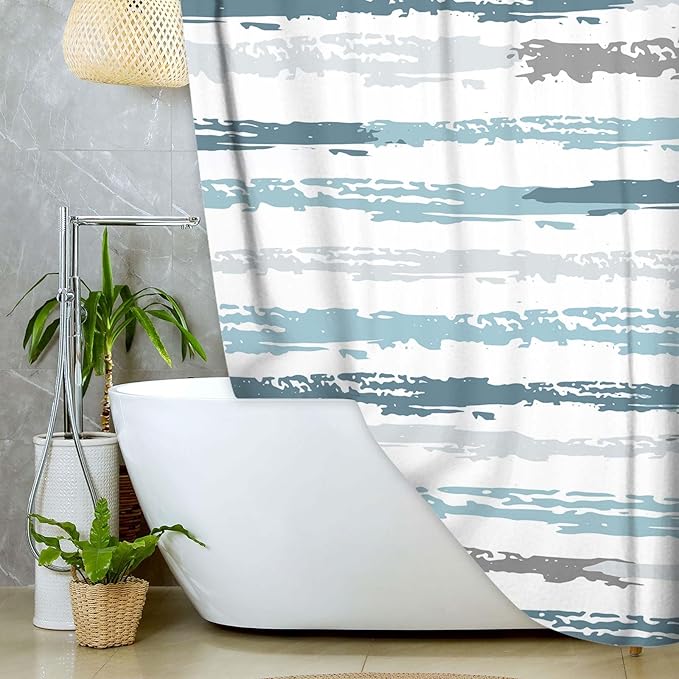 JAWO Abstract Blue Shower Curtain for Bathroom Decor, Modern White Grey Stripe Aesthetic Minimalist Geometric Simple Neutral Watercolor Painting Waterproof Polyester Shower Curtain with Hooks,72X72