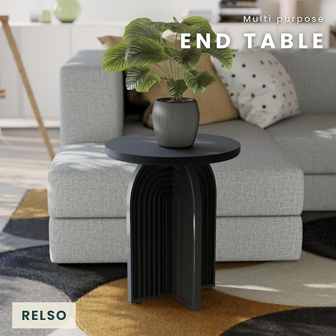 Relso Charon End Table - Round Black Mango Wood Side Table for Bedroom, Living Room | Small Nightstand, Versatile Bedside Table, Coffee Table | Modern Home Decor, Easy Assembly, Sturdy Accent Table