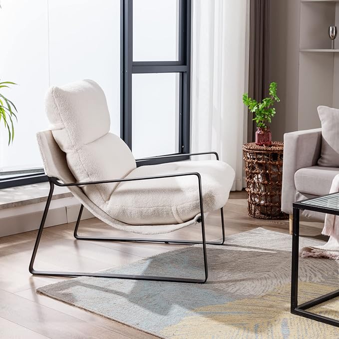 HEAH-YO Modern Accent Chair Set of 2, Upholstered Sherpa Living Room Chair with Backrest and Metal Frame, Comfy Reading Chair for Bedroom, White