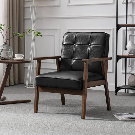 Okeysen Mid Century Modern Accent Chair, Retro Wood and Leather Armchairs Side Chair, Lounge Reading Comfy Arm Chair for Living Room, Bedroom, Office (Black)