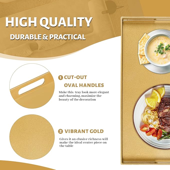 MAONAME Gold Decorative Tray for Coffee Table, Modern Serving Tray with Handles, Plastic Ottoman Trays for Living Room, Bathroom Decor, 15.8" L x 10.2" W x 1.4" H