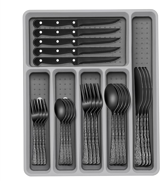 49-Piece Black Silverware Set with Organizer, Stainless Steel Tree Pattern Black Flatware for 8, Cutlery Utensil Sets with Steak Knives, Rust-proof, Mirror Polished, Dishwasher Safe