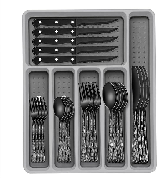 49-Piece Black Silverware Set with Organizer, Stainless Steel Tree Pattern Black Flatware for 8, Cutlery Utensil Sets with Steak Knives, Rust-proof, Mirror Polished, Dishwasher Safe