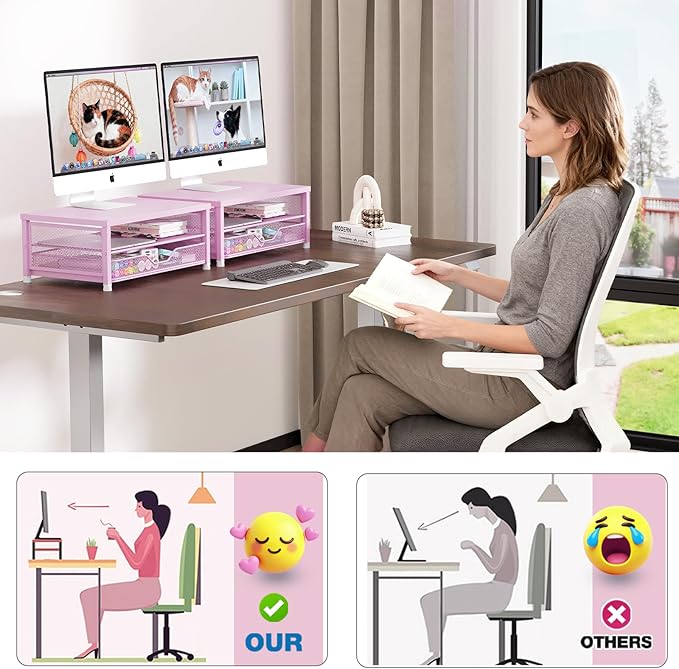 Desk Organizers and Accessories, 2-Tier Computer Monitor Stand Riser with Drawer, Laptop Stand, Office Desk Accessories, Workspace Desktop Organizer for Office Supplies, Pink