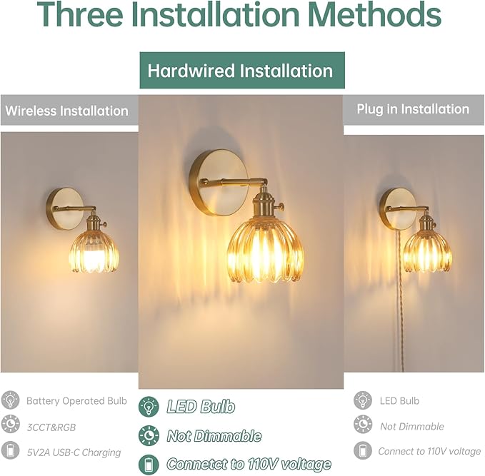 Vintage Wall Sconces with Cute Amber Tulip Glass Lampshade 180 Degree Adjustable Brass Sconces Hradwired Modern Wall Lighting Fixture with Switch for Bedside Bedroom Doorway