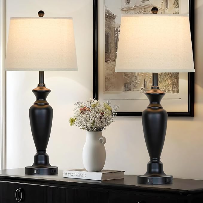 30" Tall Table Lamps Set of 2, Touch Control Bedside Lamp with USB A+C Ports and AC Outlet, 3-Way Dimmable Modern Metal Nightstand Lamp for Bedroom Living Room, 2 LED Bulbs Included, Black