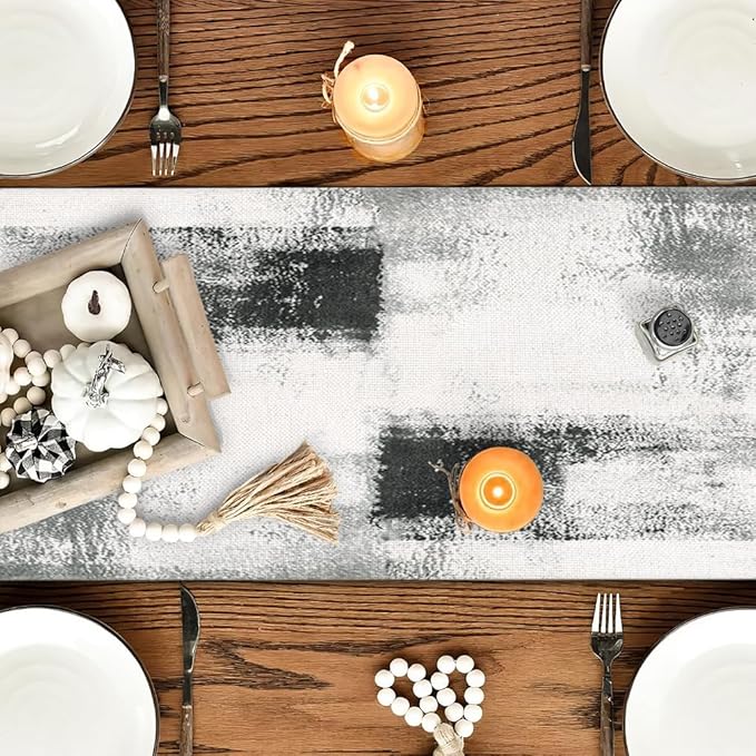 OYIMUA Grey and White Abstract Modern Table Runner, Art Rustic Kitchen Dining Table Decor for Holiday Home Party 13x36 Inches