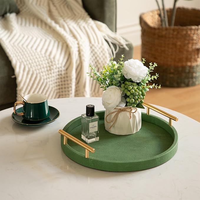Faux Shagreen Tray, Set of 2 Round Decorative Tray with Gold Polished Metal Handles, Serving Trays Coffee Table Ottoman Trays for Living Room Bathroom Vanity Home Decor (Green)