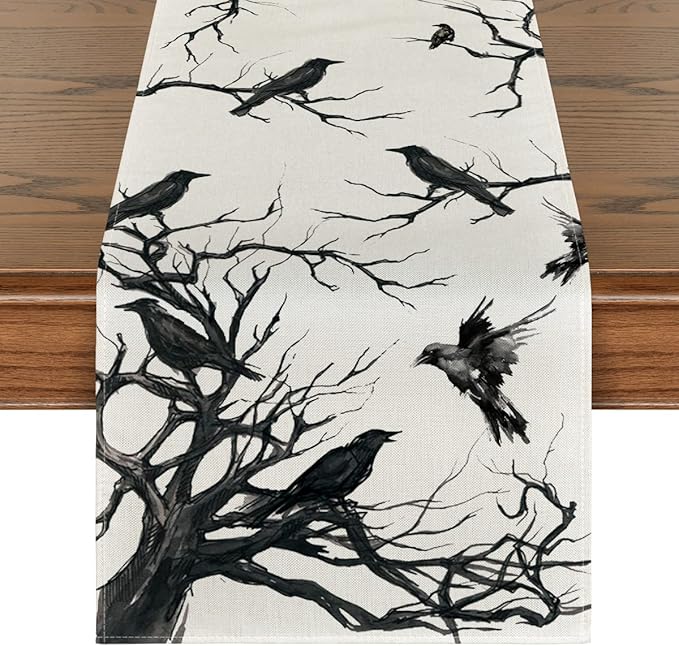 Artoid Mode Silhouette Tree Crows Halloween Table Runner, Branches Fall Kitchen Dining Table Decoration for Outdoor Home Party 13x90 Inch