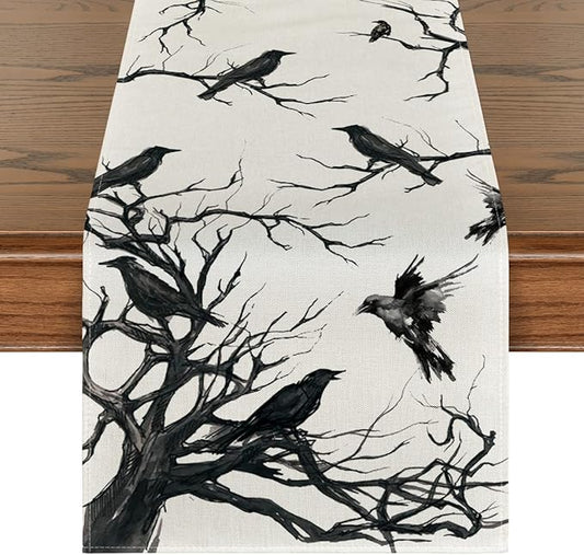 Artoid Mode Silhouette Tree Crows Halloween Table Runner, Branches Fall Kitchen Dining Table Decoration for Outdoor Home Party 13x90 Inch