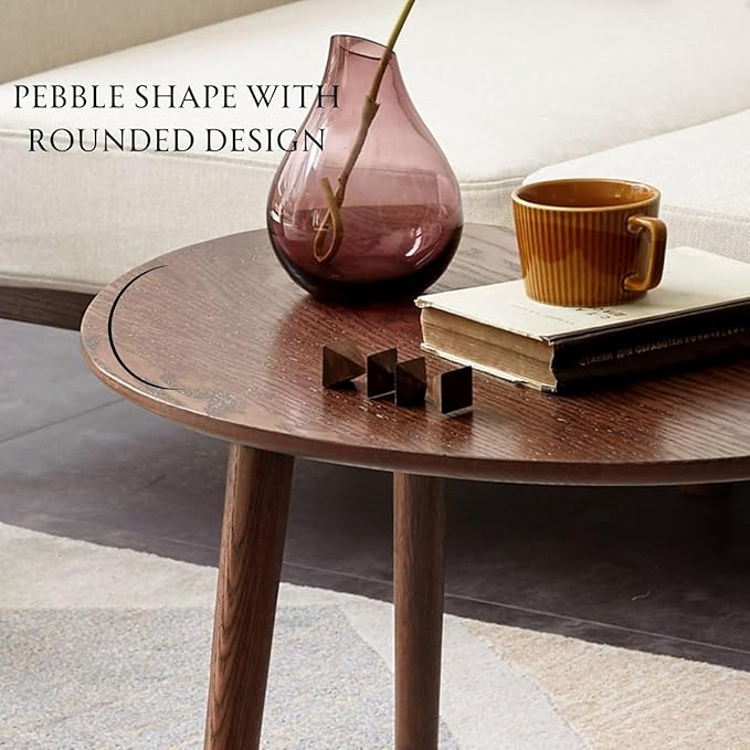 100% Solid Oak Wood Nesting Coffee Table,Mid Century Modern Oval Coffee Tables Set, Round Tables for Living Room, Pebble Side Table for Balcony (Walnut, Combine)
