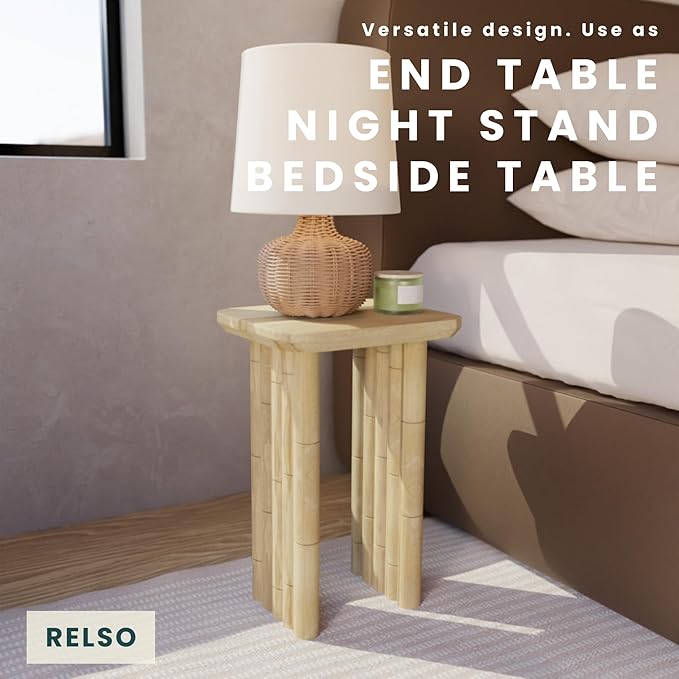 Bambos End Table | Sold Mango Wood Bedside Table, Natural Finish Side Table for Living Room, Bedroom, Entryway | Handcrafted Nightstand, Easy Assembly, Bamboo Inspired Legs, Compact, Boho Accent Table