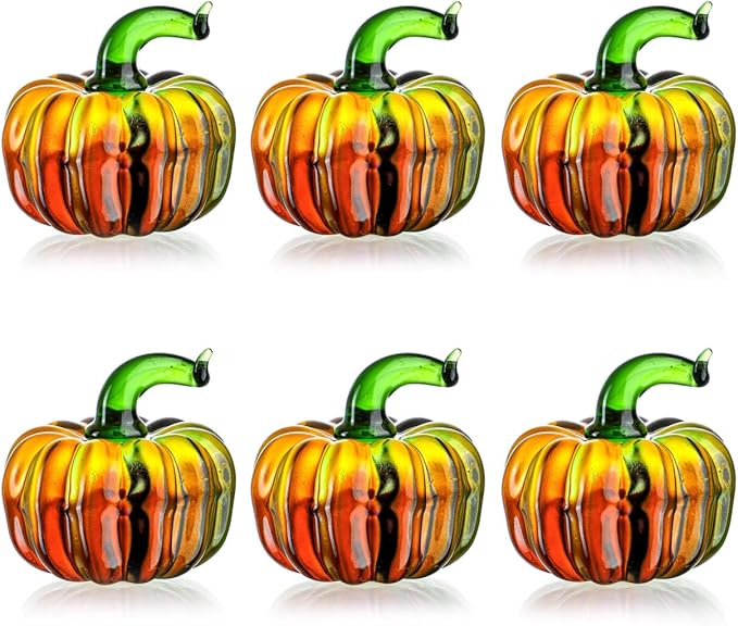 H&D HYALINE & DORA 6 Pcs Blown Glass Pumpkin Figurines Crystal Halloween Pumpkin Paperweight for Home Fall Harvest Thanksgiving Halloween Decor