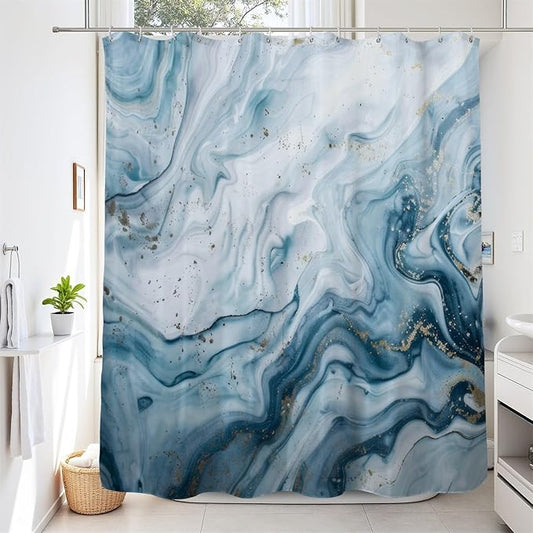 Renaiss Blue Marble Shower Curtain Modern Abstract Blue White Ombre Luxury Art Bathroom Shower Curtain Glitter Waterproof Shower Curtains Set with Hooks Pretty Bathtub Decor 69" W x 70" L