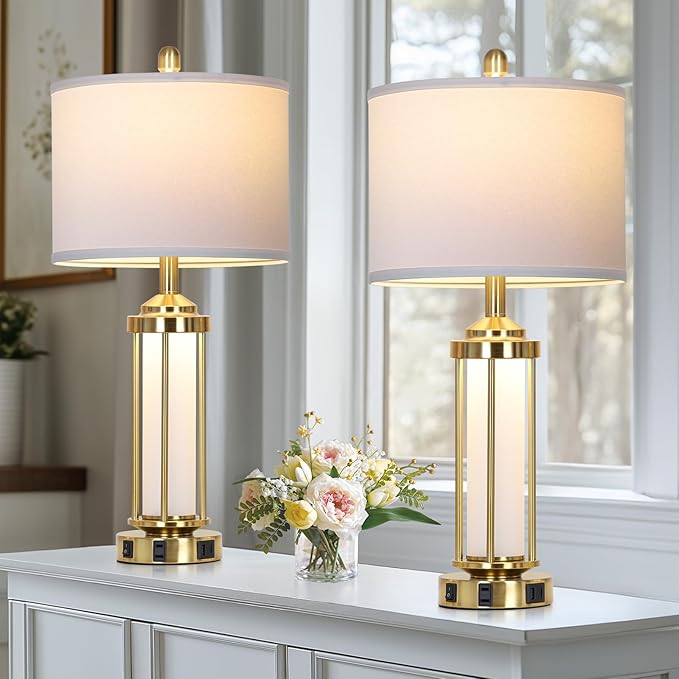 Modern Table Lamps, Gold 27" Industrial Table Lamp Set of 2 with USB A+C Charging Ports & AC Outlet, Farmhouse Rustic Beside Lamp for Living Room Bedroom Office End Table(4 LED Bulbs Included)