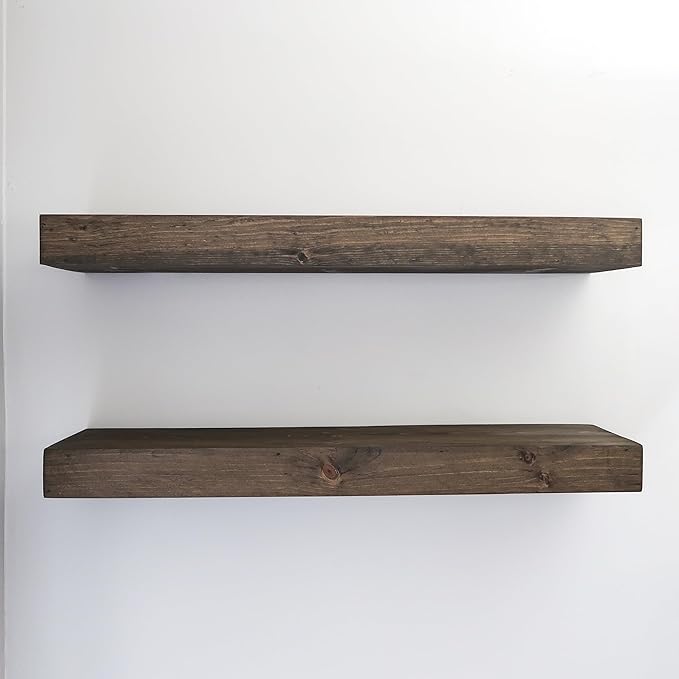 Urbandi Modern Floating Shelves 3 Inches Thick for Wall, Wide Shelves for Kitchen, Living Room, Bedroom, and Bathroom, Natural Pine Wood, Rustic Wooden Shelf, (Set of 2) (Jacobean, 36Lx3Hx6D)