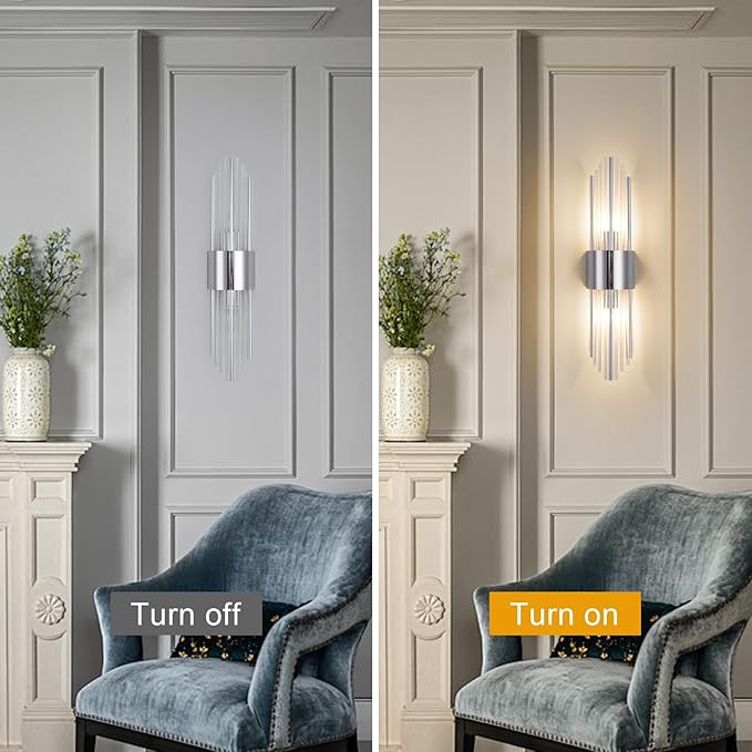 Chrome sconces Wall Set of 2, Silver Crystal Wall sconces Set of Two, Modern Wall Sconce Decoration (Set of Two) for Living Room, Bedroom, Bathroom, Vanity, Stairs, Hallway,with 4 E12 Light Sources