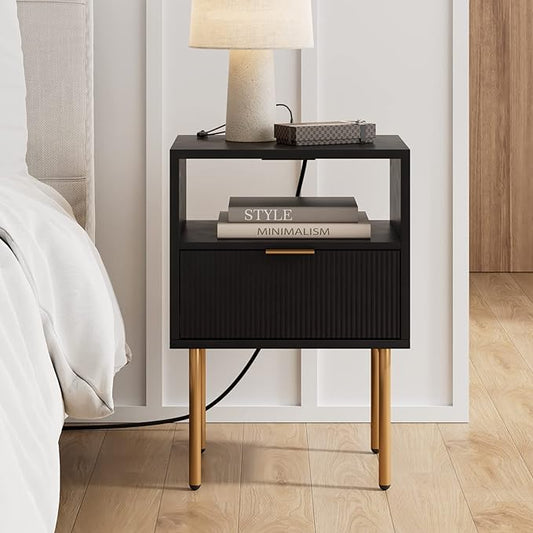 Masupu Nightstand with Charging Station,Mid-Century Modern Bedside Table with Storage Drawer and Open Wood Shelf,Small Gold Frame Side Table for Bedroom,Living Room (Black)