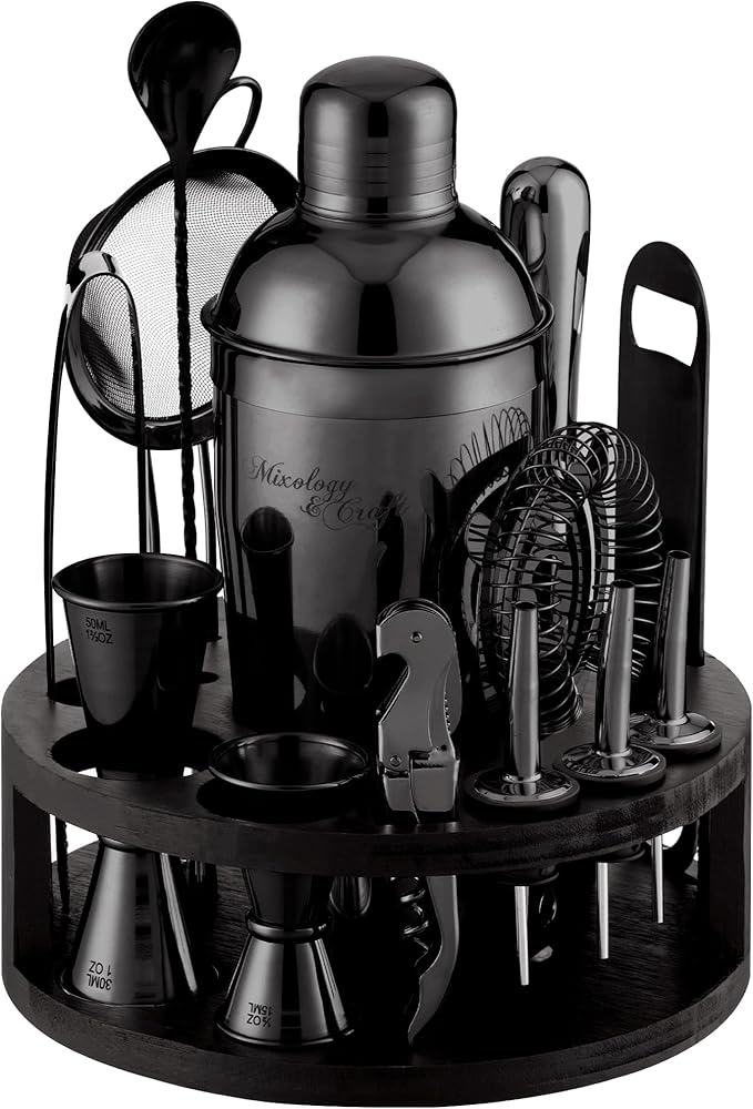 Mixology & Craft Bartender Kit – 15-Piece Cocktail Shaker Set with Bar Tools, Premium Stainless Steel Drink Mixer Accessories for Home Bar, Includes Bamboo Stand, Plus Exclusive Recipe Cards (Black)