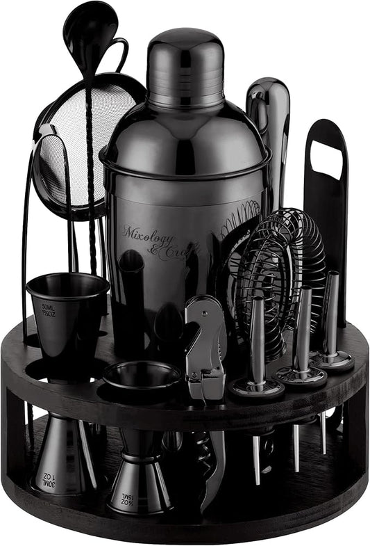Mixology & Craft Bartender Kit – 15-Piece Cocktail Shaker Set with Bar Tools, Premium Stainless Steel Drink Mixer Accessories for Home Bar, Includes Bamboo Stand, Plus Exclusive Recipe Cards (Black)