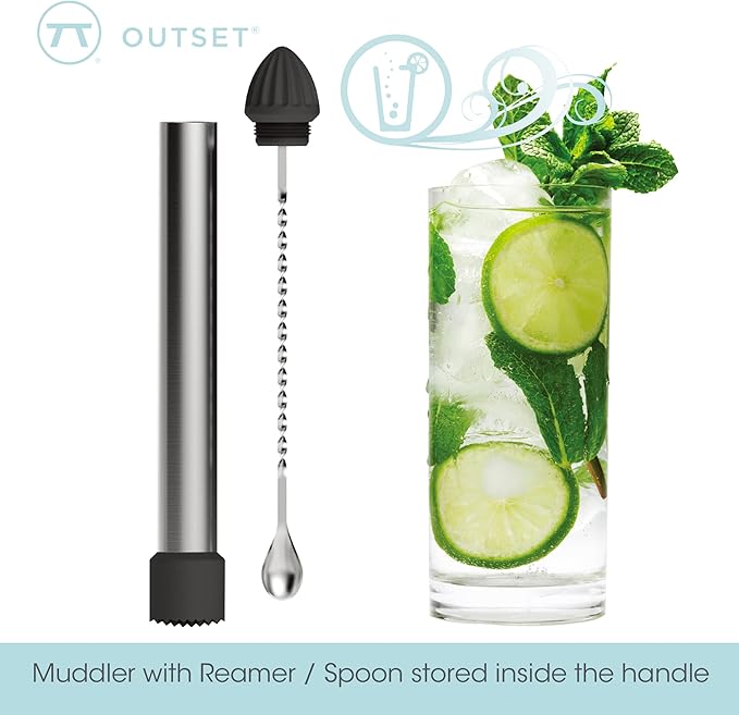 Outset Professional Cocktail Muddler, 3 in 1 Muddler, Stirrer, Juicer
