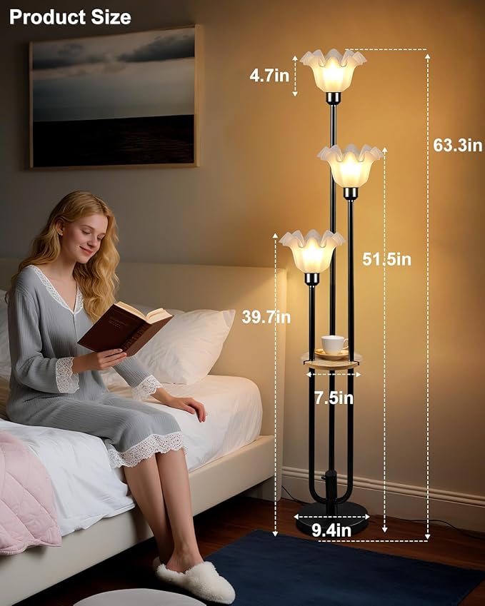 Lightdot Flower Floor Lamp for Living Room, Dimmable Vintage Floor Lamp with Shelf &3 LED Bulbs, 3 Light 3000K Soft Warmwhite Mid Century Black Standing Lamp, Floral Tall Lamp for Bedroom Office