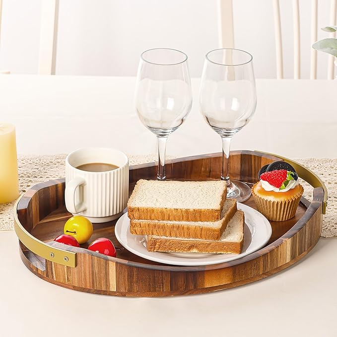 Acacia Wood Serving Tray with Metal Handles– 16"x13"x2", Large Wood Display Tray, Decorative Ottoman Tray for Living Room, Coffee Table for Breakfast, Food, Cookie, Dessert, Fruit, Snack