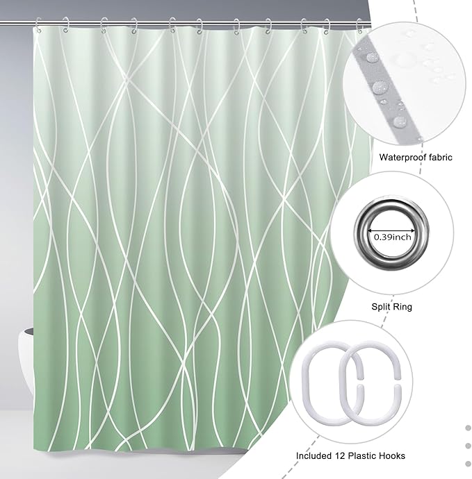 Punkray Ombre Green Striped Polyester Shower Curtain for Bathroom with Hooks, Shower Curtains for Bathroom, Waterproof Bath Accessories Hotel Style - Machine Washable 72 x 72