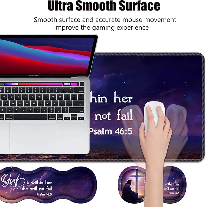 Ergonomic Memory Foam Mouse Pad Wrist Rest Set, Large Gaming Desk Pad + Keyboard Wrist Rest + Mouse Wrist Cushion + Coaster for Home Office Study Gaming, Christian Cross Quote Bible Verse Psalm 46:5
