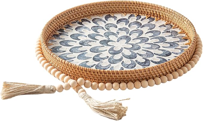 14 inch Round Rattan Tray Home Decor with Wood Bead Garland, Wicker Serving Tray with Mother of Pearl Inlay, Boho Decorative Tray for Coffee Table, Ottoman, Kitchen Table, Bathroom (Coastal Blue)