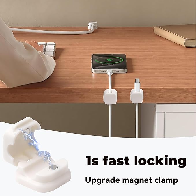 8 Pack Cable Management Clips Home Office Desk Cord Keeper Organizer Accessories Charger Organizer Cord Holder for Nightstand (White)