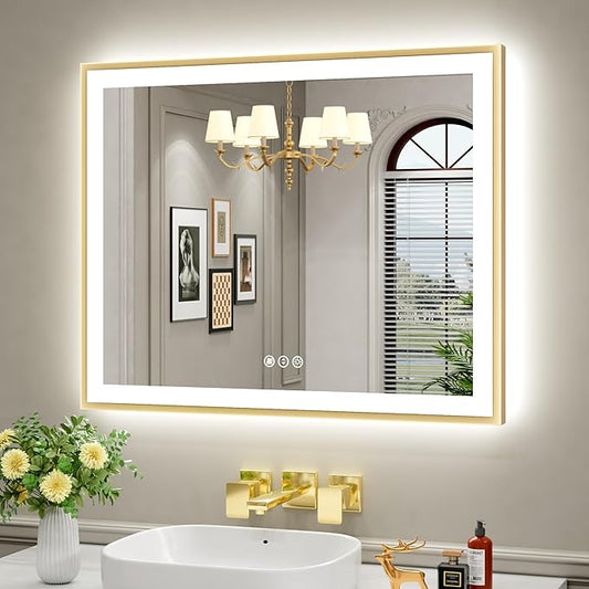 40x32 LED Mirror for Bathroom with Gold Frame, Backlit and Front Lighted Bathroom Mirrors for Wall, Stepless Dimmable Vanity Mirror with Lights, Anti-Fog, Memory,Shatterproof