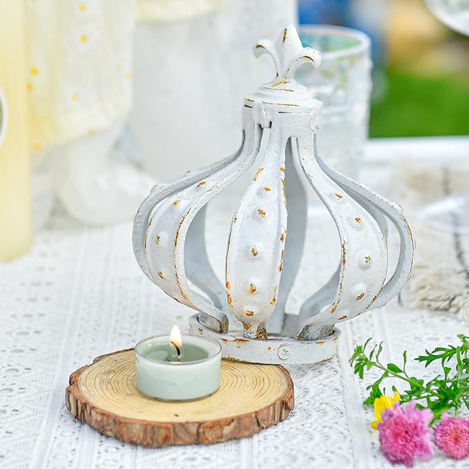 Sungmor Cast Iron Crown Sculpture, Antique White with Rustic Accent, Creative Candle Cover, Centerpiece Art Crown Statue for Tabletop Decor, Bookshelf, Special Occasions