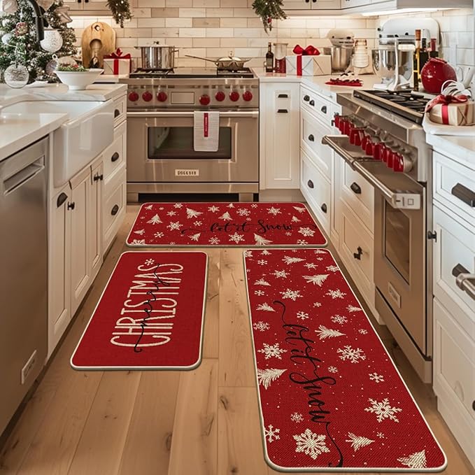 Artoid Mode Xmas Trees Snowflake Let It Snow Merry Christmas Kitchen Mats Set of 2, Winter Decor Low-Profile Kitchen Rugs - 24"x36"+24"x59"+24"x72"