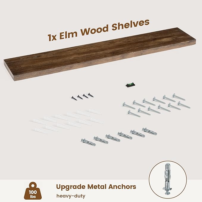 Rustic Elm Wood Floating Shelf for Wall, Flat Edge 48"W x 9.2"D x 1.4"H, 1 Pack with Invisible Bracket, Large Wall Mounted Storage Shelf for Living Room Bedroom Kitchen Bathroom Decor, Walnut Finish