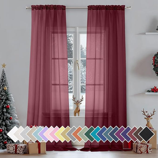 Aiyufeng 108 Inch Red Sheer Window Curtains for Farmhouse, Rod Pocket Voile Window Treatment Vertical Panels for Study Room/Bedroom/Living Room, Burgundy, W40 x L108, 2 Panels