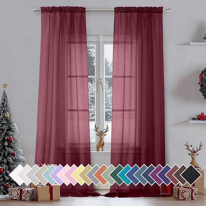 Aiyufeng Sheer Window Curtain Panels 96 Inch Long 2 Pieces, Voile Top Dual Rod Pocket Breathable Fashion Drapes Window Treatment for Wedding Ceremony/Bedroom/Living Room, 40W x 96L inches, Burgundy