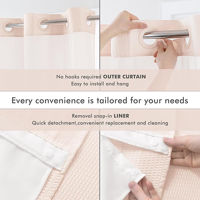 Mrs Awesome No Hook Shower Curtain with Snap-in Liner, Embossed Waffle Design Fabric Shower Curtain for Bathroom, Soft & Lightweight, 71x74, Pink