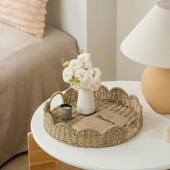 Wicker Tray, Handwoven Woven Tray with Handles and Scalloped Edge, Round Wicker Basket for Home Decor and Organizing, 16.9" L x 16.9" W x 3.5" H