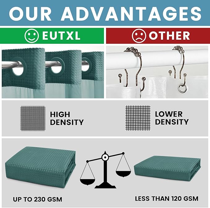 Seaweed Green No Hook Shower Curtain with Snap in Liner,230GSM Waffle Weave Shower Curtains for Bathroom,71W x 74H