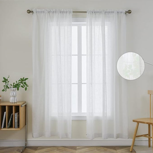 Joydeco White Sheer Curtains 72 Inch Length 2 Panels Set, Rod Pocket Linen Sheer Curtain Drapes, Voile Window Treatments for Bedroom Living Room (54x72 inch，Cross Pattern)