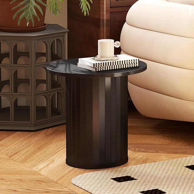 COSVALVE Round Wood Fluted End Table, 15.7” Circle Farmhouse Side Table Sets for Living Room, Bedroom, Balcony, Small Spaces, Black