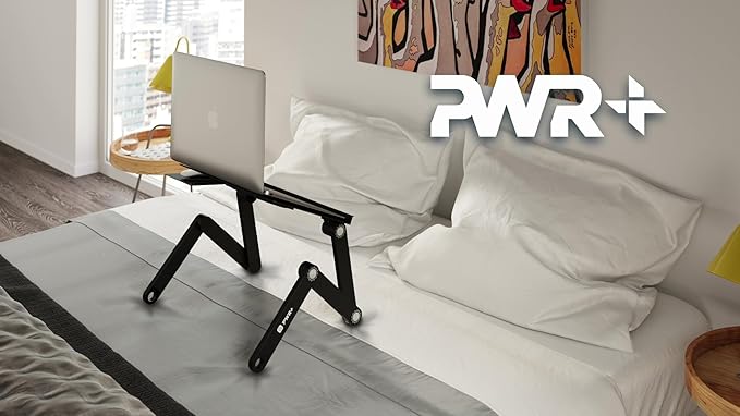 PWR+ Laptop Table Stand Adjustable Riser: Portable with Mouse Pad Fully Ergonomic Mount Ultrabook MacBook Gaming Notebook Light Weight Aluminum Black Bed Tray Desk Book Fans Up to 17 inch